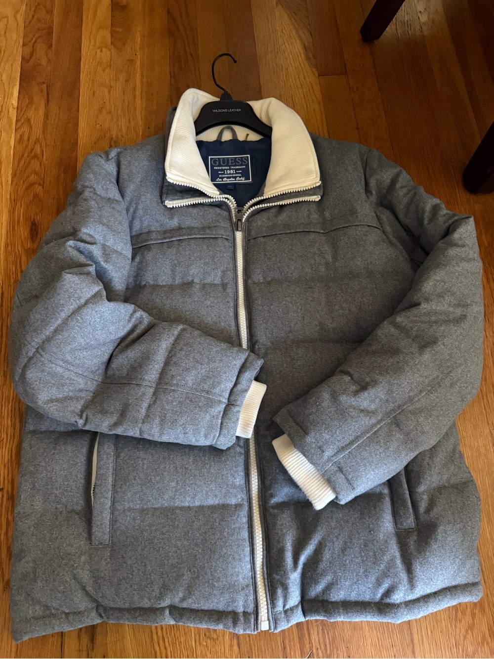 GUESS Gray Puffer Jacket with White Contrast Collar